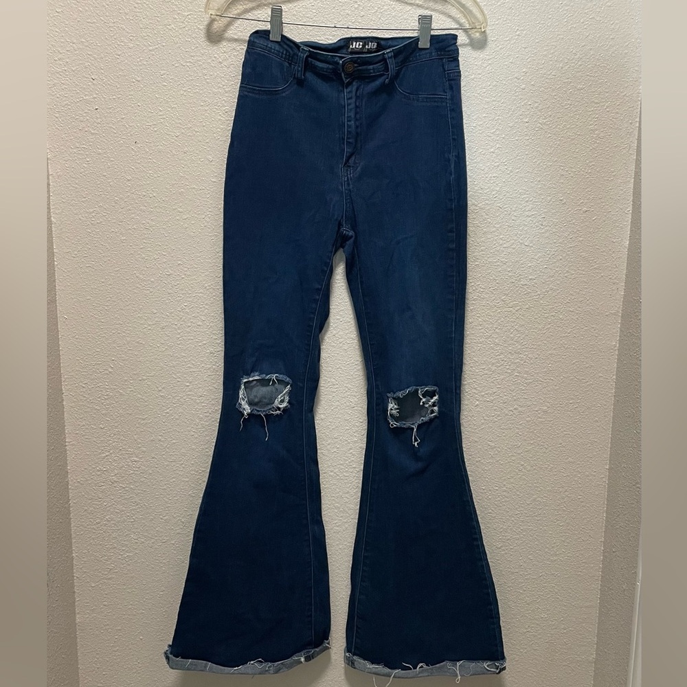 Trendy Dark Blue Flare Jeans with Ripped Knees